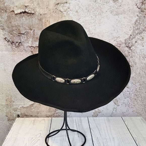 Scala Vintage Black Western Wide-Brimmed Hat with Silver Hat Band Unisex - Picture 1 of 11